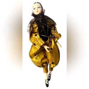 Denton Doll Black Polka Dot Gold Ballerina Jester Figurine Figure Vintage 10”